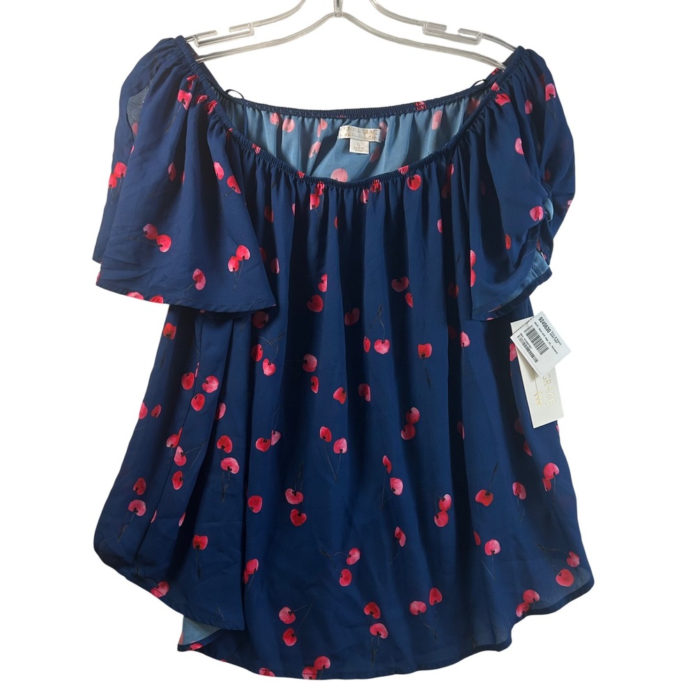 Finn & Grace Navy Blue Pink Cherry Print Off Shoulder Peasant Blouse XL NEW